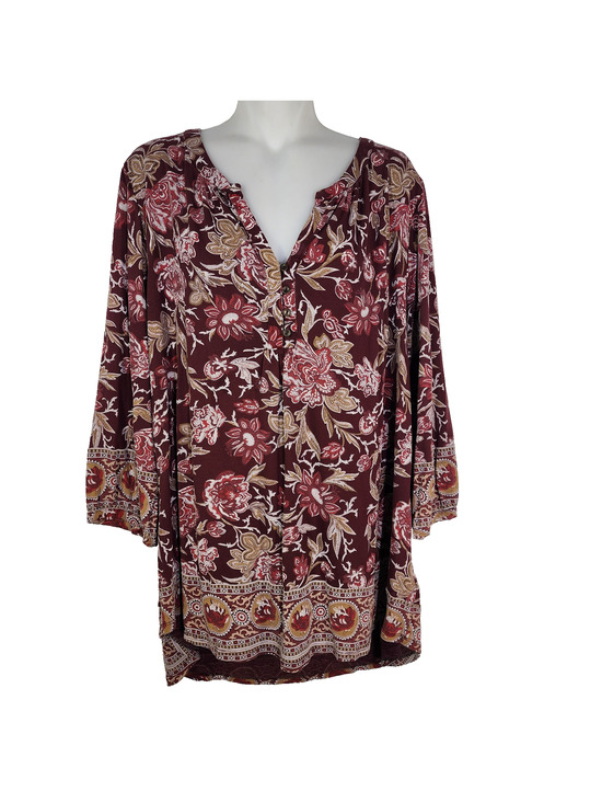 Lucky Brand Tops - Lucky Brand Top Size 2X Womens Burgundy Floral Print Blouse Boho V Neck Border